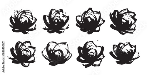 Abstract brushstroke floral designs create a set of artistic, hand-drawn ink illustrations with a grunge texture, perfect for creative projects.