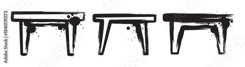 Three abstract grunge style tables or benches depicted with expressive ink splatters and bold brush strokes creating a distressed artistic effect.