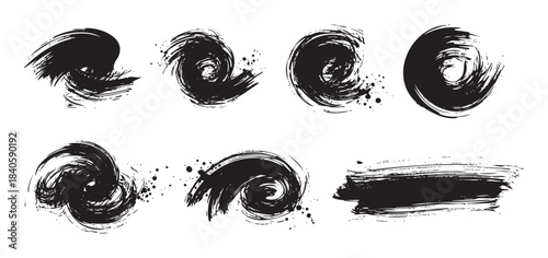 Abstract black ink brush strokes create a dynamic and artistic collection of grunge textures and expressive paint elements for creative design projects.