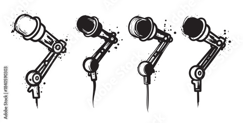 Four stylized microphones with stands depicted in a dynamic, hand-drawn ink style, suitable for various creative and musical themes.