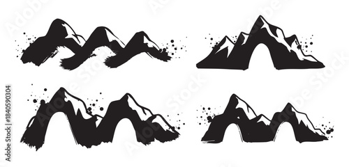 Abstract black ink brushstroke mountain ranges collection featuring various stylized peaks and rugged silhouettes with artistic splatters, conveying a sense of natural beauty and minimalist design.