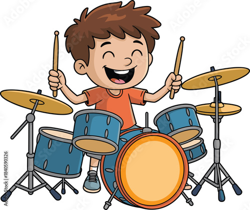 Cute cartoon boy playing a drum set with drumsticks, happy child musician illustration for music education, kids activities, and fun designs
