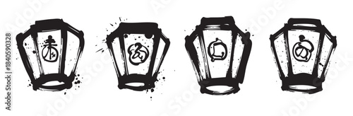 Traditional Japanese lanterns are illustrated with expressive brushstrokes and unique symbols, showcasing ancient cultural artistry and heritage.