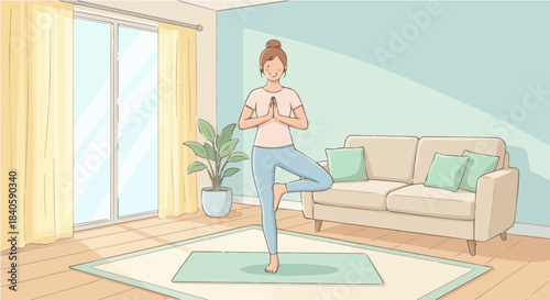 A woman practicing yoga in the tree pose on a mat in a sunlit living room with a couch and a plant.