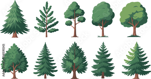 Stylized tree illustration set, diverse foliage and trunk designs, coniferous and deciduous types, botanical vector graphics, forest nature icons