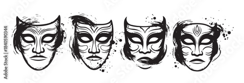 Four theatrical masks with expressive features and artistic brushstrokes are arranged in a row, showcasing a dramatic and mysterious aesthetic.