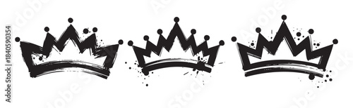 Three grunge style crowns feature a hand-drawn, artistic aesthetic with brushstroke textures and ink splatters, symbolizing royalty, success, and power.