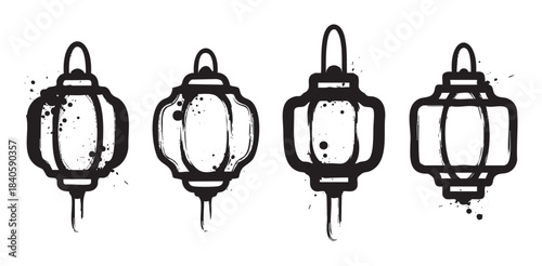 Asian lanterns are beautifully illustrated with a traditional ink brushstroke style, perfect for cultural celebrations and decorative design elements.