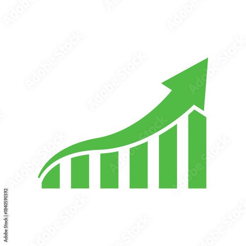 Graph going up sign with green arrows. Bar chart symbol icon with arrow moving up.