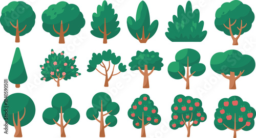 Stylized tree illustration set, diverse foliage and trunk designs, fruit-bearing and flowering trees, cartoon botanical graphics, vector nature icons