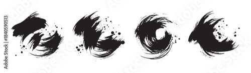 Abstract ink brush strokes create dynamic artistic elements for design, featuring expressive textures and splatters in a bold, graphic style.