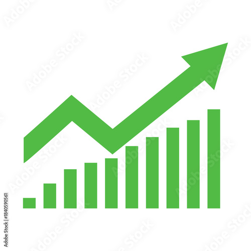 Graph going up sign with green arrows. Bar chart symbol icon with arrow moving up.