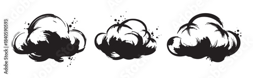 Stylized black ink brushstroke clouds create a dynamic and expressive graphic element, perfect for adding an artistic touch to various design projects.
