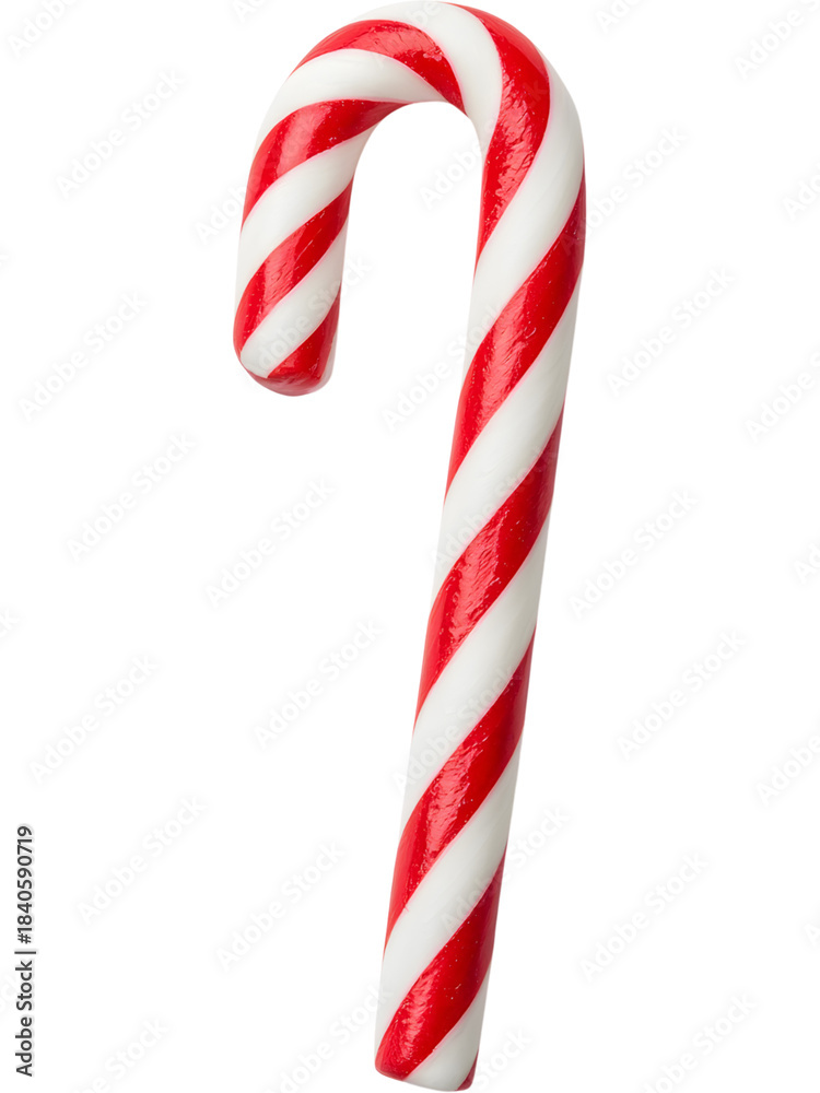 Obraz premium A single red-and-white striped candy cane isolated on transparent background. Ideal for holiday cards, Christmas decorations, festive branding, and winter-themed digital artwork