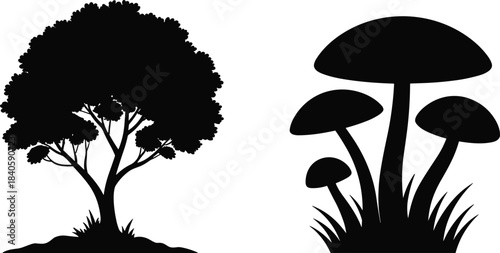 Tree and mushroom silhouette illustration, black vector icons, forest elements, nature contrast, botanical design, fungi and flora shapes, isolated graphics