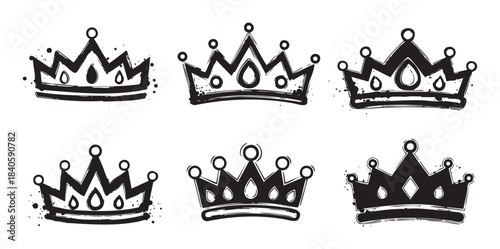 Six different hand-drawn crowns with a grunge texture are displayed in a collection, symbolizing royalty, power, and success in a stylized graphic design.