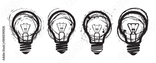 Four light bulbs in a row are depicted with a dynamic, artistic, and hand-drawn grunge style, symbolizing innovation and brilliant ideas.
