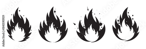 Four stylized fire icons with dynamic flame shapes and scattered sparks, symbolizing heat, energy, danger, and passion in a graphic vector style.
