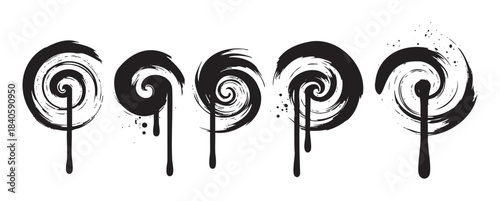 Stylized spiral lollipops with dripping ink effects and rough brushstroke textures create a grunge artistic design element set, perfect for various creative and modern graphic projects.