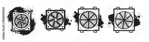 Industrial fans vector illustration set featuring grunge style elements and ink splatters, perfect for technology and ventilation designs.