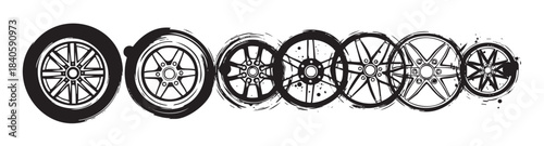 Seven car wheels with various rim designs are displayed in a black and white grunge illustration style, showcasing different automotive spoke patterns and tire details.