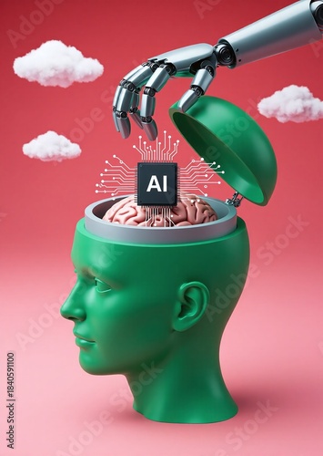 Robot inserting artificial intelligence chip into stylized human head