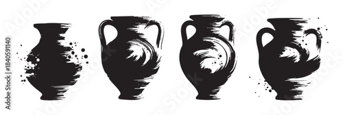 Ancient pottery vases with a distressed grunge texture, featuring artistic brushstrokes and splatters, creating a rustic and abstract design element.