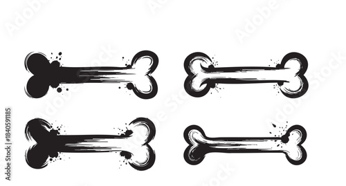 Dog bone shapes are depicted in a set of four distinct black grunge brush stroke designs, featuring artistic ink splatters and rough textures.