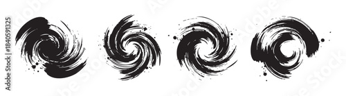 Artistic black brushstroke swirls with a dynamic spiral motion and textured ink splatter effect provide a versatile graphic element for various designs.