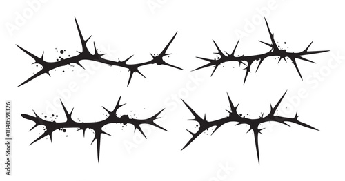 Stylized black thorn branches with sharp points and textured ink splatters represent pain and suffering, perfect for religious or symbolic designs.