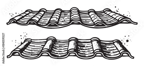 Two rows of classic roof tiles illustrated in a vintage hand-drawn style with textured details and ink splatters, representing traditional architectural elements.