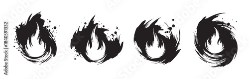 Dynamic black ink brush stroke elements resembling stylized flames or fiery swirls with expressive textures and artistic splatters.