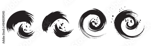 Abstract brushstroke spirals with textured ink splatters and rough edges create a dynamic artistic design element for creative projects.