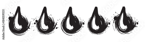 Abstract black ink brushstroke drop shapes arranged in a row with expressive splatters, creating a dynamic and artistic design element.