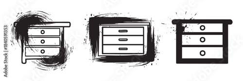 Three chest of drawers illustrations in a distressed grunge style, featuring ink splatters and brush strokes for a unique artistic look.