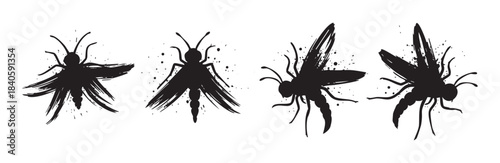 Stylized black insect silhouettes with artistic brush stroke texture and grunge splatter details creating a unique graphic design element.