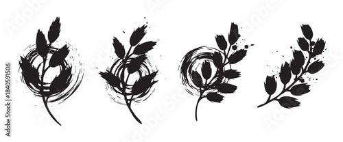Abstract botanical elements with artistic brush strokes and grunge textures create a modern and versatile graphic design collection.