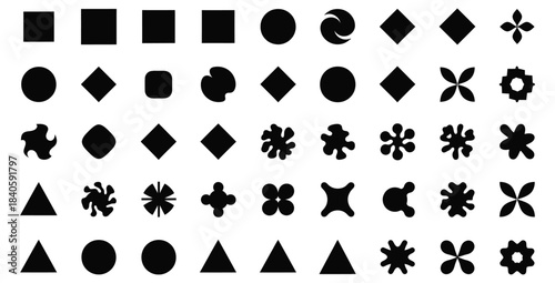 Collection of black abstract geometric and organic shapes arranged in neat rows for design elements