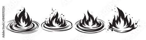 Four stylized black fire flames rising from swirling bases with dynamic splatters, creating a powerful and energetic graphic illustration set.