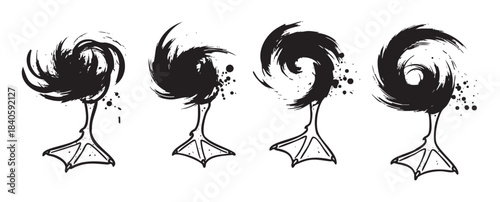 Abstract duck feet with swirling brushstrokes and ink splatters create a unique artistic design element, showcasing a dynamic and expressive illustration style.
