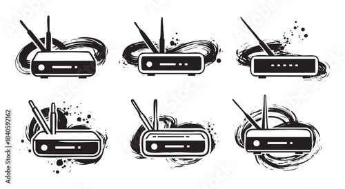 Six stylized internet router icons with antennas feature a grunge brush stroke effect, representing modern wireless connectivity and digital communication technology.