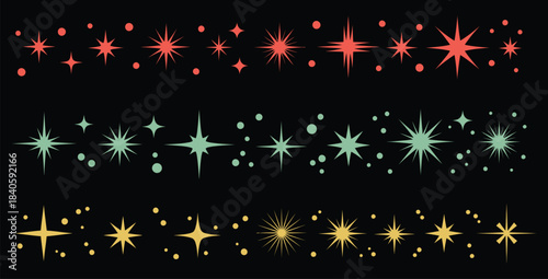 Mid century modern starburst and sparkle dividers in retro color palette on black background