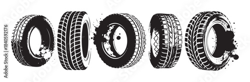 Five distinct car tires with various tread patterns are dynamically illustrated in a bold black and white grunge vector style, showcasing automotive design elements.