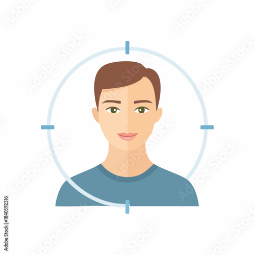 Targeted male portrait illustration with sights: concept of goals, focus, selection, or recruitment, minimal design style