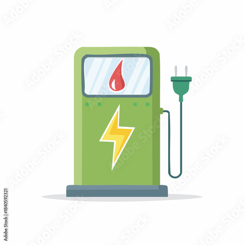 Green electric vehicle charging station with energy bolt symbol for environmentally friendly transport