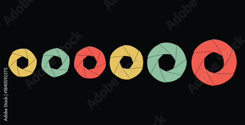 Six colorful camera aperture icons demonstrating different f stop settings in a sequence against black