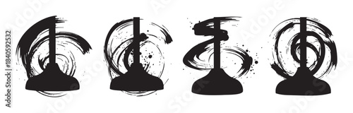 Abstract black ink brushstroke art symbols with dynamic swirling patterns and expressive splatters form a modern artistic collection.