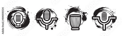 Microphone and drum icons are presented with a striking black ink brush stroke and splatter effect, symbolizing audio production, music, and broadcasting.