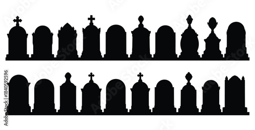 Collection of diverse black silhouette gravestone and tombstone shapes set against a white background
