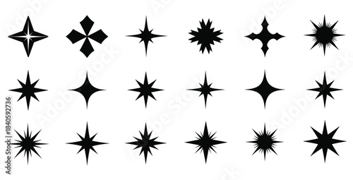 Collection of eighteen black sparkle and starburst icons perfect for design accents and highlights
